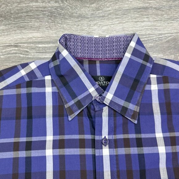 Bugatchi Dress Shirt Men's Large Blue Purple Plaid Geometric Flip Cuff Button Up - Picture 4 of 16
